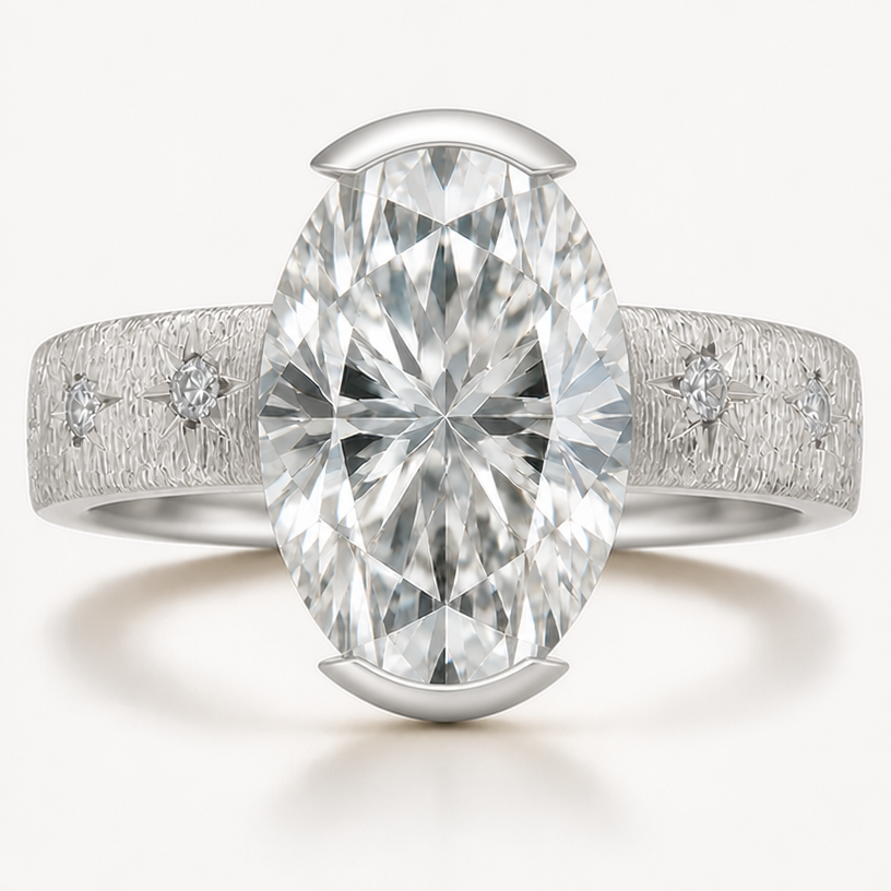 the bezel seamlessly difuse from thick at north south to thin then none east west and in platinum
edit the attached jewelry design with these instructions: the bezel seamlessly difuse from thick at north south to thin then none east west and in platinum. keep it photorealistic, just the design no text