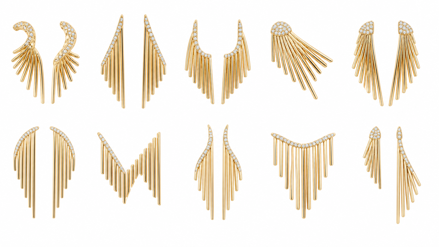 Create 10 additional luxury earring concepts using the same signature design language, but do not repeat any of the previous silhouettes.
Target finished weight: approximately 3.0 grams per pair in 18K gold. All designs must remain lightweight, refined, manufacturable, comfortable and suitable for premium fine-jewellery production.
Mandatory design DNA for every concept:
Use multiple slender parallel polished-gold bars, arranged in a graduated sequence so that each bar progressively changes in length. This must create a clearly visible stepped, tapering rhythm. Incorporate a controlled micro-pavé diamond section close to the earlobe, concentrating brilliance near the face while allowing the gold-bar structure to remain the hero.
Create the following 10 completely new silhouettes:
11. Spiral Cascade
Arrange the graduated bars along a subtle spiral trajectory beginning from a compact pavé curve near the ear. The bars should progressively lengthen while appearing to rotate gently downward, giving a sophisticated sense of movement without creating a literal spiral.
12. Arrow Sweep
Organize the parallel graduated bars into a sleek directional arrow-like silhouette. Create a sharp but elegant diagonal progression, with a slim pavé accent defining the upper leading edge. Keep the design abstract rather than using a literal arrow shape.
13. Floating Bridge
Create two slim structural points connected visually by graduated bars across an open negative-space area. The bars should transition from short to long and back toward short, producing an architectural bridge-like profile with pavé concentrated near the ear.
14. Side Comet
Start with a compact pavé diamond head near the earlobe and allow the graduated bars to trail diagonally backward like an abstract comet tail. Use progressively longer bars through the center before tapering again toward the edge.
15. Folded Fan
Interpret the parallel bars as a partially folded fan rather than a fully open fan. Keep one side compressed and gradually expand the bar lengths toward one directional edge, creating an elegant asymmetric triangular profile.
16. Architectural Arch
Arrange the tops of the bars along a subtle arch while their lower ends create a strong graduated staircase. Integrate a fine pavé arc into one side of the upper structure. The result should feel architectural, clean and contemporary.
17. Offset Chevron
Use two staggered groups of parallel graduated bars that meet visually in an off-center chevron formation. One side should be slightly longer and more dominant. Place the pavé only along the shorter upper section to maintain lightness.
18. Slim Flame
Shape the overall silhouette into an abstract rising flame using angled graduated bars. The longest bar should form the central visual direction, while surrounding bars progressively shorten. Add a slender pavé line following one upper contour.
19. Draped Curve
Create the illusion that the parallel bars are suspended from a gently drooping curved pavé line. Each bar should remain straight, but their starting positions and graduated lengths should create a soft draped or suspended architectural effect.
20. Split Cascade
Begin with one small pavé element close to the earlobe, then divide the graduated-bar motif into two narrow directional cascades separated by fine negative space. One cascade should be shorter and more compact, while the second becomes longer and more dramatic.
Luxury design direction:
Contemporary haute joaillerie, sophisticated architectural geometry, feminine but not floral, refined asymmetry, elegant negative space, extremely precise bar spacing, polished 18K gold surfaces, delicate micro-pavé diamonds, clean transitions and premium craftsmanship.
Weight constraint:
Engineer visually for a maximum target of approximately 3 grams for the complete pair. Use very fine bar profiles, strategic open spaces, minimal pavé area, thin connecting structures and hollow/lightweight engineering where practical. Avoid excessive solid gold mass.
The earrings should appear substantial and luxurious from the front while remaining physically lightweight.
Important design requirement:
All 10 concepts must look like members of the same jewellery collection, but each must have a clearly different overall silhouette, center of gravity, directional movement and negative-space composition.
Do not simply reposition identical bars. Change the structural flow and outer contour of every concept while preserving the recognizable graduated-bar signature.
Presentation:
Show all 10 concepts on one professional jewellery-development sheet, numbered 11–20, front view, identical scale, isolated on a pure white background, no model, no hands, no decorative objects, highly realistic 18K gold and diamond rendering, crisp jewellery photography quality, suitable for selection before CAD development.
Avoid: literal feathers, literal wings, flowers, leaves, hearts, stars, butterflies, tassel chains, conventional chandelier earrings, simple straight fringes, oversized diamonds, thick bars, bulky cast forms, excessive pavé, repeated silhouettes and concepts that differ only by changing bar lengths.
photorealistic jewelry design, Create 10 additional luxury earring concepts using the same signature design language, but do not repeat any of the previous silhouettes.
Target finished weight: approximately 3.0 grams per pair in 18K gold. All designs must remain lightweight, refined, manufacturable, comfortable and suitable for premium fine-jewellery production.
Mandatory design DNA for every concept:
Use multiple slender parallel polished-gold bars, arranged in a graduated sequence so that each bar progressively changes in length. This must create a clearly visible stepped, tapering rhythm. Incorporate a controlled micro-pavé diamond section close to the earlobe, concentrating brilliance near the face while allowing the gold-bar structure to remain the hero.
Create the following 10 completely new silhouettes:
11. Spiral Cascade
Arrange the graduated bars along a subtle spiral trajectory beginning from a compact pavé curve near the ear. The bars should progressively lengthen while appearing to rotate gently downward, giving a sophisticated sense of movement without creating a literal spiral.
12. Arrow Sweep
Organize the parallel graduated bars into a sleek directional arrow-like silhouette. Create a sharp but elegant diagonal progression, with a slim pavé accent defining the upper leading edge. Keep the design abstract rather than using a literal arrow shape.
13. Floating Bridge
Create two slim structural points connected visually by graduated bars across an open negative-space area. The bars should transition from short to long and back toward short, producing an architectural bridge-like profile with pavé concentrated near the ear.
14. Side Comet
Start with a compact pavé diamond head near the earlobe and allow the graduated bars to trail diagonally backward like an abstract comet tail. Use progressively longer bars through the center before tapering again toward the edge.
15. Folded Fan
Interpret the parallel bars as a partially folded fan rather than a fully open fan. Keep one side compressed and gradually expand the bar lengths toward one directional edge, creating an elegant asymmetric triangular profile.
16. Architectural Arch
Arrange the tops of the bars along a subtle arch while their lower ends create a strong graduated staircase. Integrate a fine pavé arc into one side of the upper structure. The result should feel architectural, clean and contemporary.
17. Offset Chevron
Use two staggered groups of parallel graduated bars that meet visually in an off-center chevron formation. One side should be slightly longer and more dominant. Place the pavé only along the shorter upper section to maintain lightness.
18. Slim Flame
Shape the overall silhouette into an abstract rising flame using angled graduated bars. The longest bar should form the central visual direction, while surrounding bars progressively shorten. Add a slender pavé line following one upper contour.
19. Draped Curve
Create the illusion that the parallel bars are suspended from a gently drooping curved pavé line. Each bar should remain straight, but their starting positions and graduated lengths should create a soft draped or suspended architectural effect.
20. Split Cascade
Begin with one small pavé element close to the earlobe, then divide the graduated-bar motif into two narrow directional cascades separated by fine negative space. One cascade should be shorter and more compact, while the second becomes longer and more dramatic.
Luxury design direction:
Contemporary haute joaillerie, sophisticated architectural geometry, feminine but not floral, refined asymmetry, elegant negative space, extremely precise bar spacing, polished 18K gold surfaces, delicate micro-pavé diamonds, clean transitions and premium craftsmanship.
Weight constraint:
Engineer visually for a maximum target of approximately 3 grams for the complete pair. Use very fine bar profiles, strategic open spaces, minimal pavé area, thin connecting structures and hollow/lightweight engineering where practical. Avoid excessive solid gold mass.
The earrings should appear substantial and luxurious from the front while remaining physically lightweight.
Important design requirement:
All 10 concepts must look like members of the same jewellery collection, but each must have a clearly different overall silhouette, center of gravity, directional movement and negative-space composition.
Do not simply reposition identical bars. Change the structural flow and outer contour of every concept while preserving the recognizable graduated-bar signature.
Presentation:
Show all 10 concepts on one professional jewellery-development sheet, numbered 11–20, front view, identical scale, isolated on a pure white background, no model, no hands, no decorative objects, highly realistic 18K gold and diamond rendering, crisp jewellery photography quality, suitable for selection before CAD development.
Avoid: literal feathers, literal wings, flowers, leaves, hearts, stars, butterflies, tassel chains, conventional chandelier earrings, simple straight fringes, oversized diamonds, thick bars, bulky cast forms, excessive pavé, repeated silhouettes and concepts that differ only by changing bar lengths., modern style, just the design no text