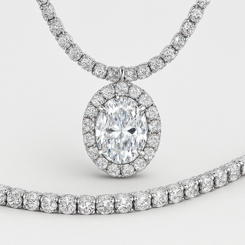 Oval diamond Halo three claw with matching tennis chain