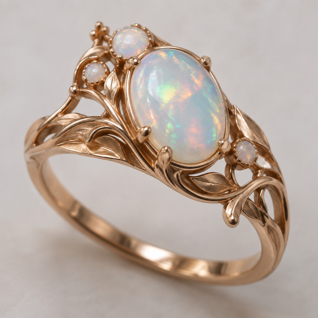 A art nouveau women's ring made of rose gold with opal stones suitable for engagement
photorealistic jewelry design, A art nouveau women's ring made of rose gold with opal stones suitable for engagement, art_nouveau style, just the design no text