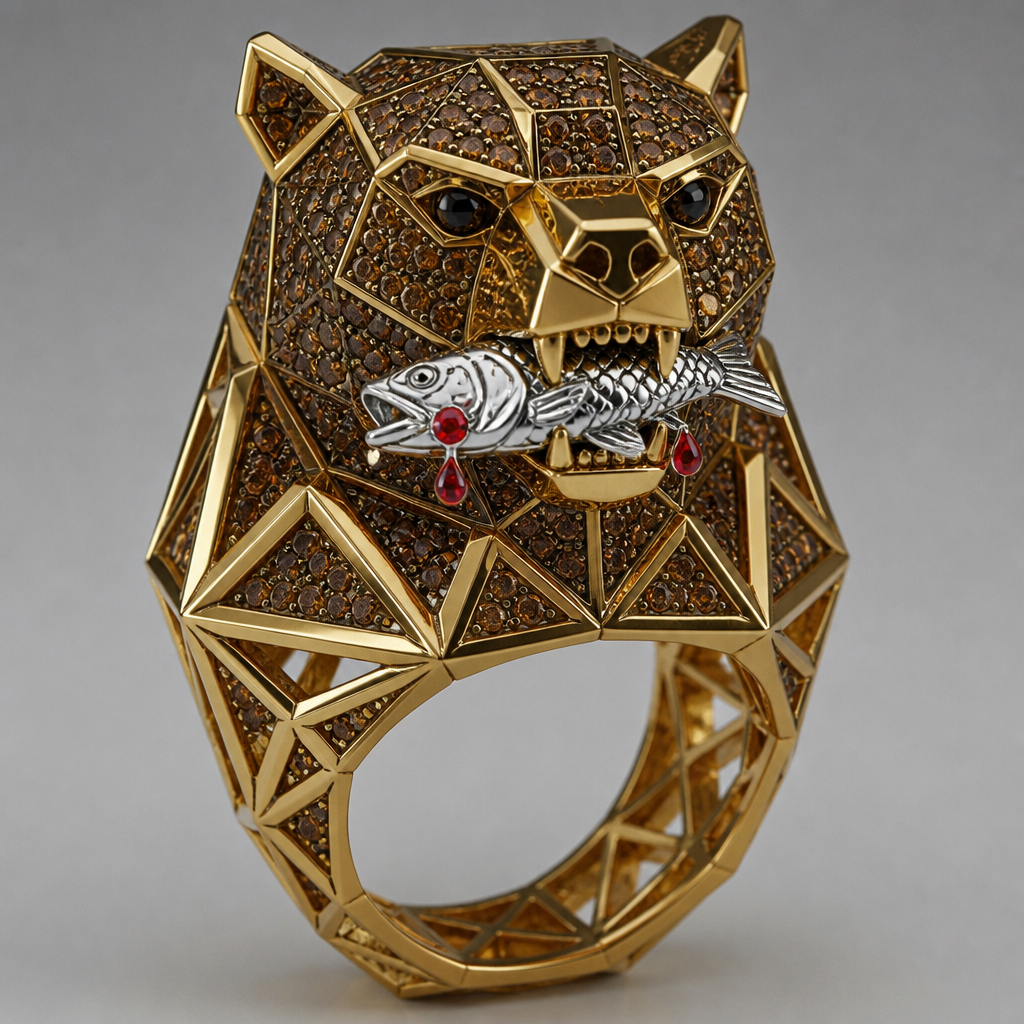 A geometric women's ring made of gold suitable for daily wear, highly ornate, intricate and elaborate, richly detailed. uma dedeira com um formato diferenciado e único
em cima da dedeira uma cabeça de urso com a cabeça pra cima com expressão brava cravejado com pedras marrom, e na dele boca um peixe de prata com algumas gotinhas vermelhas
photorealistic jewelry design, A geometric women's ring made of gold suitable for daily wear, highly ornate, intricate and elaborate, richly detailed. uma dedeira com um formato diferenciado e único
em cima da dedeira uma cabeça de urso com a cabeça pra cima com expressão brava cravejado com pedras marrom, e na dele boca um peixe de prata com algumas gotinhas vermelhas, geometric style, just the design no text