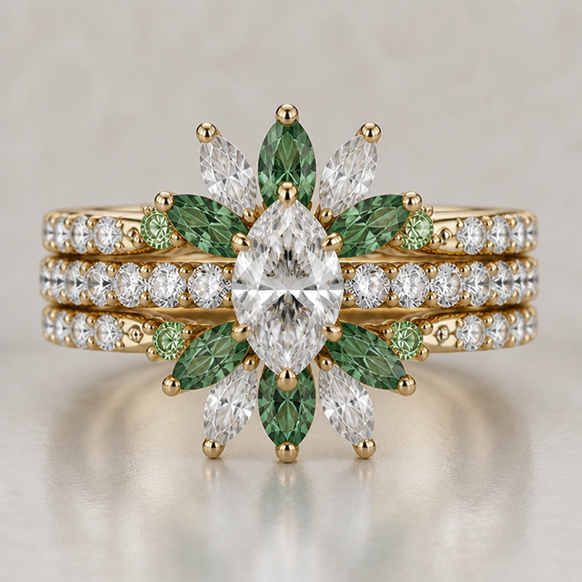 can you add like 2 more on each the top and bottom band. but when adding the two can you make them regular white marquise diamonds? but keep the current ones emerald green
edit the attached jewelry design with these instructions: can you add like 2 more on each the top and bottom band. but when adding the two can you make them regular white marquise diamonds? but keep the current ones emerald green. keep it photorealistic, just the design no text