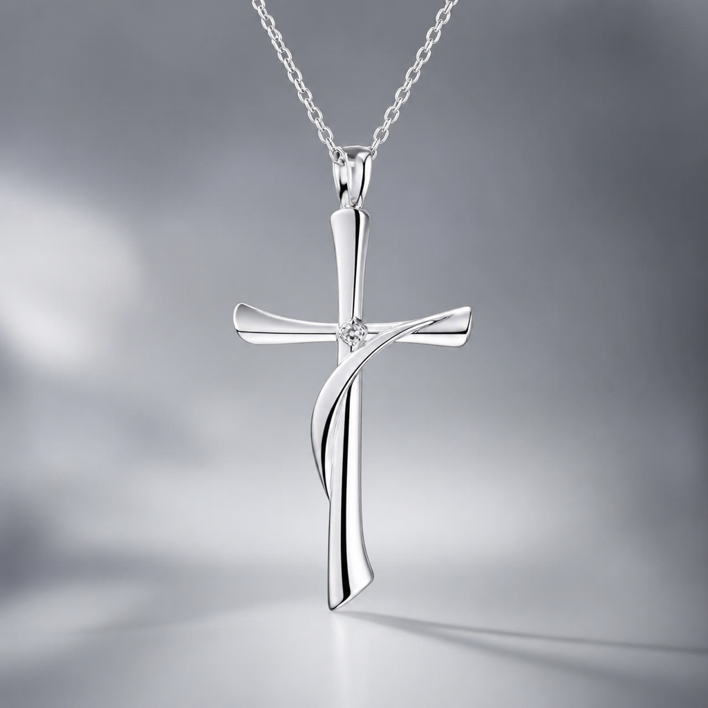 A modern women's pendant made of silver suitable for daily wear. An extraordinary excellent beautiful delicate and elegant, super modern Cross.
photorealistic jewelry design, A modern women's pendant made of silver suitable for daily wear. An extraordinary excellent beautiful delicate and elegant, super modern Cross., modern style, just the design no text