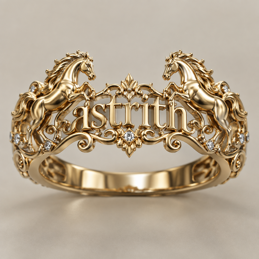 A women's ring, highly ornate, intricate and elaborate, richly detailed. quiero que el anillo tenga el nombre astrith en la mitad y al final y inicio del nombre unos caballos salidos del anillo
2 anillo en 1 los caballos mirando al centro y que el caballo se le vea todo el cuerdo y sean del mismo tamaño que el nombre
photorealistic jewelry design, A women's ring, highly ornate, intricate and elaborate, richly detailed. quiero que el anillo tenga el nombre astrith en la mitad y al final y inicio del nombre unos caballos salidos del anillo
2 anillo en 1 los caballos mirando al centro y que el caballo se le vea todo el cuerdo y sean del mismo tamaño que el nombre, modern style, just the design no text