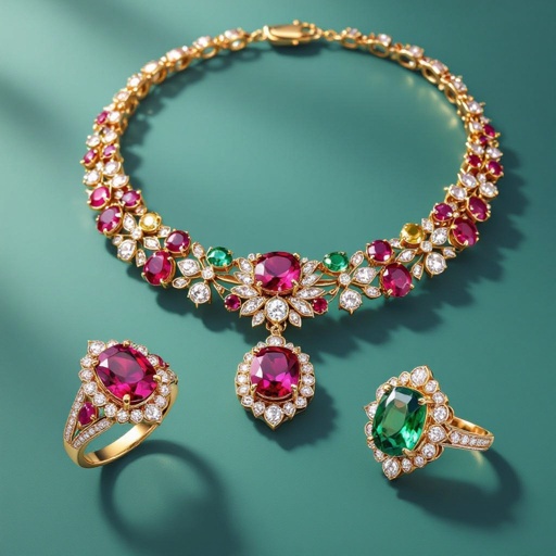 Necklace and ring and earring with luxury colorful jewel with gold