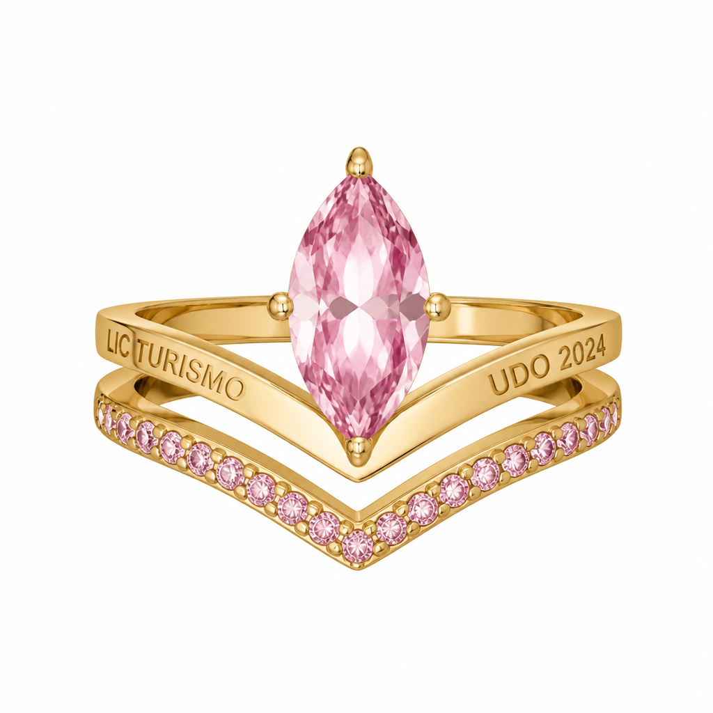 A modern women's ring made of gold. genera un anillo de grado, la piedra central corte marquis de color rosado tamaño 7x14mm, la banda de este anillo sería en corte V que en un lateral diga LIC TURISMO y del otro UDO 2024, adicional a esto me gustaría agregar debajo de este anillo una banda con circones también en forma V los circones de 1,25mm de color rosado
photorealistic jewelry design, A modern women's ring made of gold. genera un anillo de grado, la piedra central corte marquis de color rosado tamaño 7x14mm, la banda de este anillo sería en corte V que en un lateral diga LIC TURISMO y del otro UDO 2024, adicional a esto me gustaría agregar debajo de este anillo una banda con circones también en forma V los circones de 1,25mm de color rosado, modern style, just the design no text