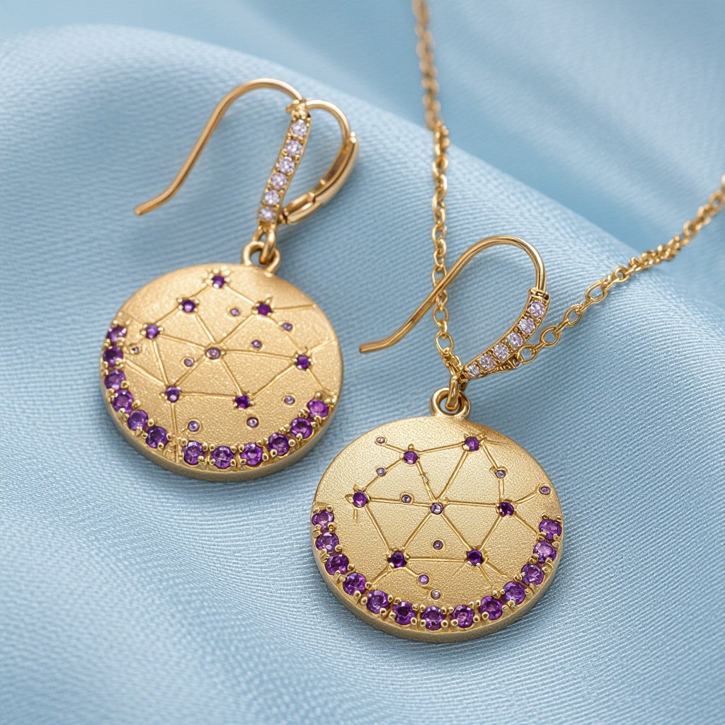 Серьги и кулон в одном стиле. Светлое матовое состаренное мятое золото. На круге изобрежены созвездия. Очень маленькие сиреневые камушки. 