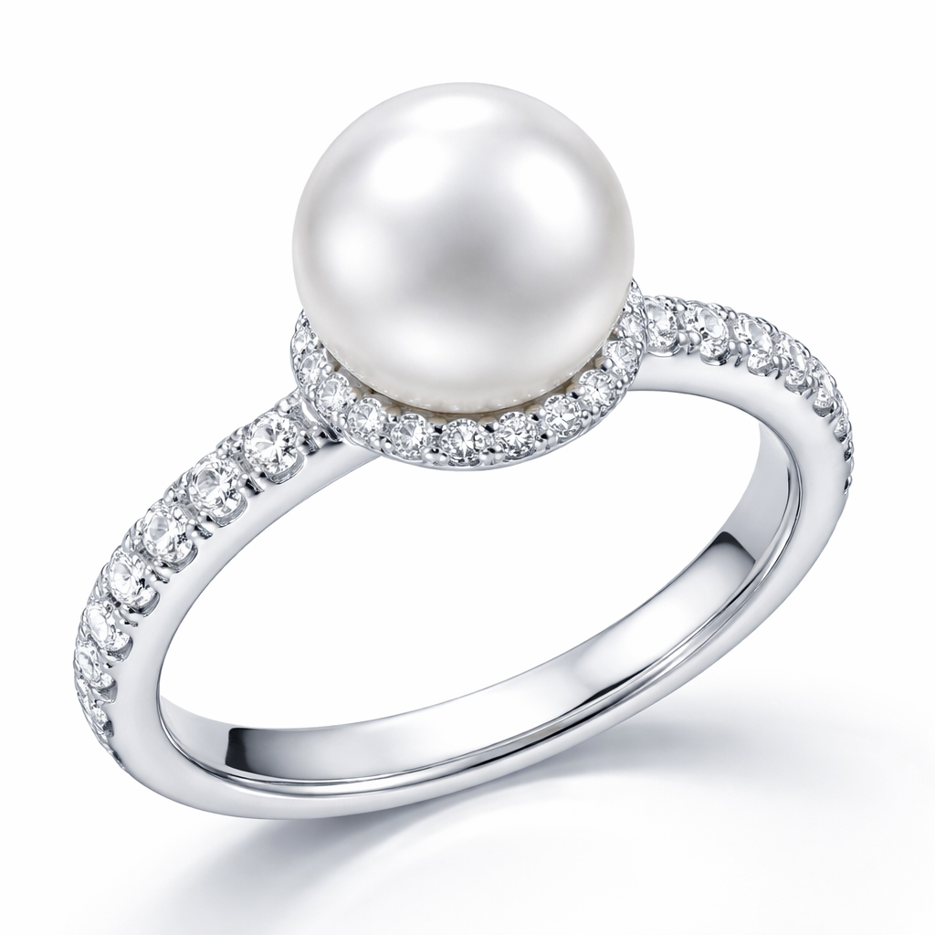 I want a single white pearl raised a little higher and secured to the white band with moissiante down the band and a little hidden halo around the pearl