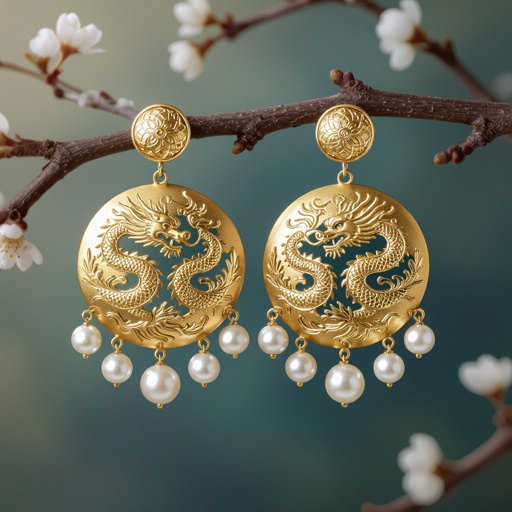 Золотые матовые серьги с изображением дракона узоры и жемчуг 
