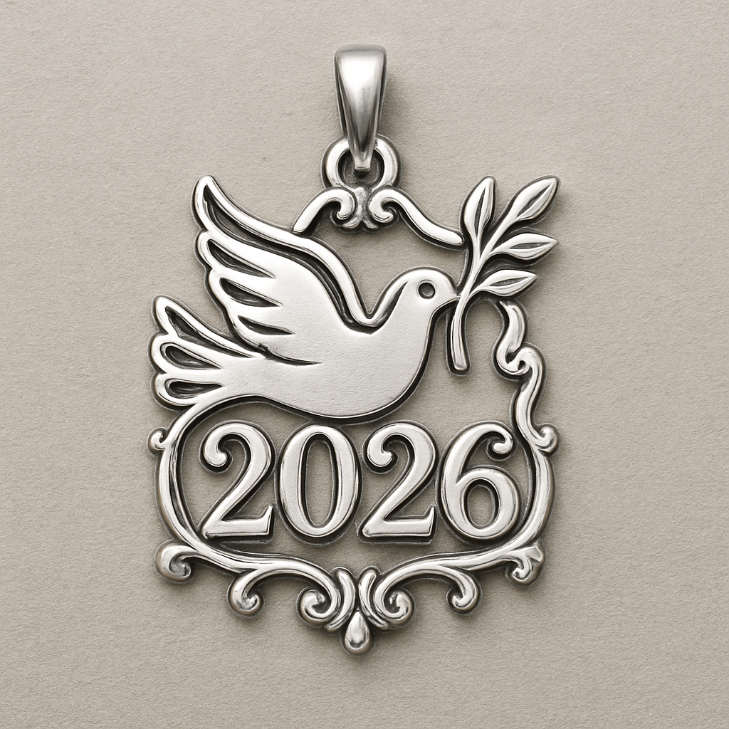 Silver minimal cut-out abstract charm blending together the pigeon of peace hold an olive branch along the year 2026