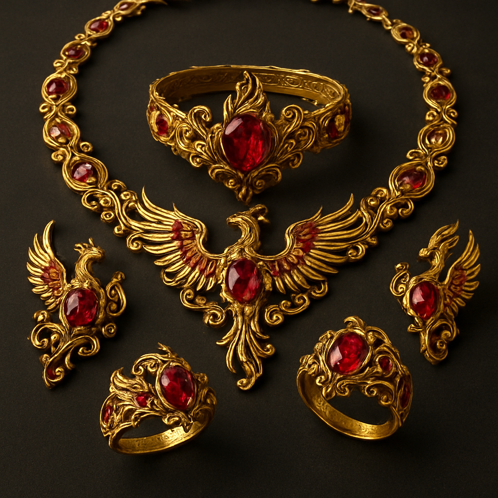 A full Ruby jewelry set including bracelet, earrings and rings with at least 10 citrine and topaz inlays with phoenix themes and an omega necklace