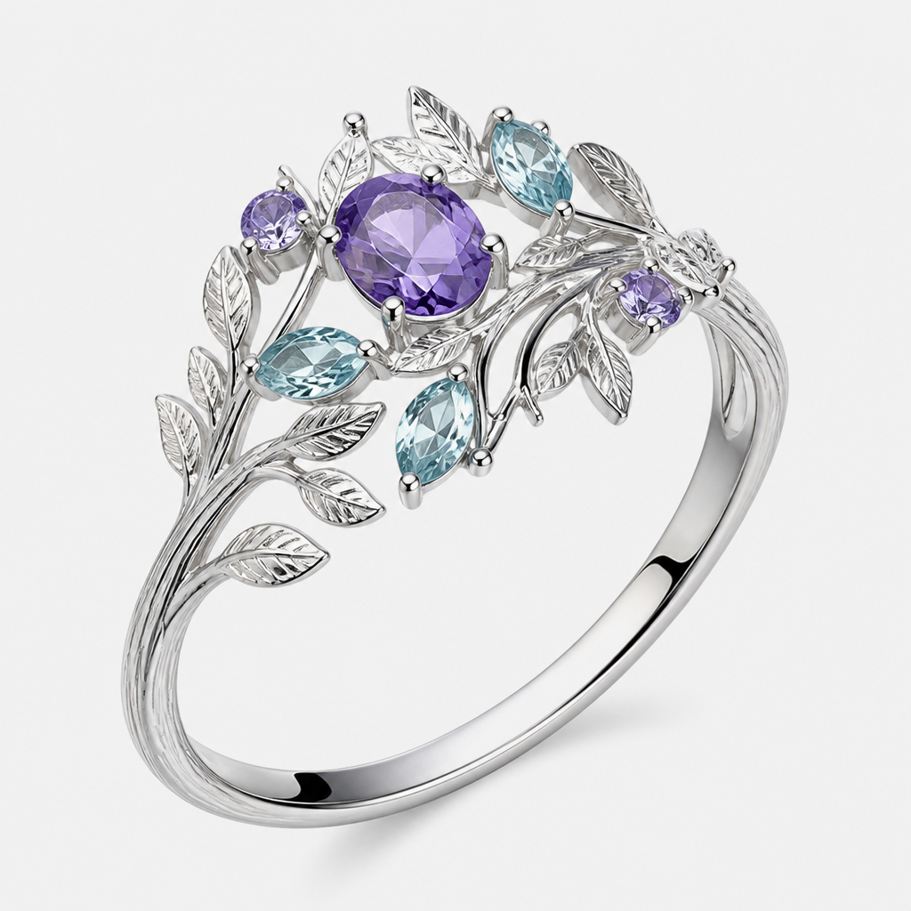 A nature women's ring made of white gold with amethyst and aquamarine stones suitable for daily wear, detailed and decorative, moderately ornate