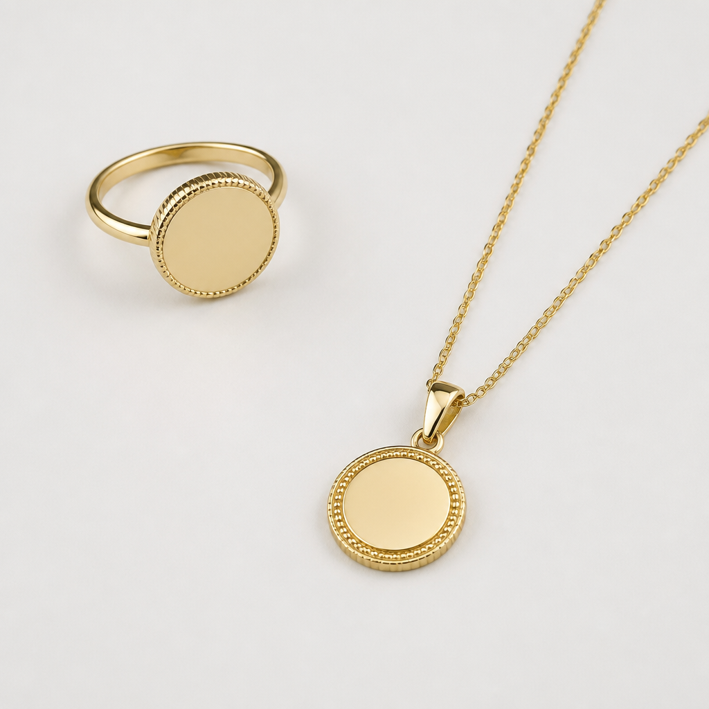A women's ring. Necklace with coin and surrounding inscription
photorealistic jewelry design, A women's ring. Necklace with coin and surrounding inscription, modern style, just the design no text