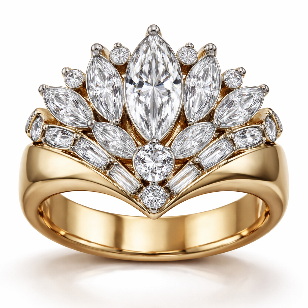 Create a ring in 14k yellow gold, set in platinum. The center stone is a .60 size marquise diamond with a .25 round diamond set directly under the marquise. Add 6 more marquise shaped diamonds and 2 more round diamonds in the shape of a fan with a thick gold yellow gold band. Add 4 to six small rectangle shaped baguettes throughout the design