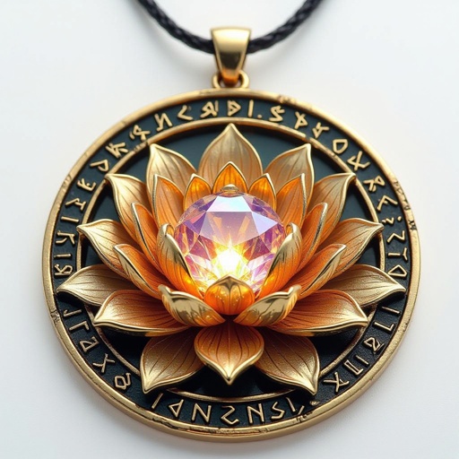 Lotus-shaped pendant with gold-colored crystal inside