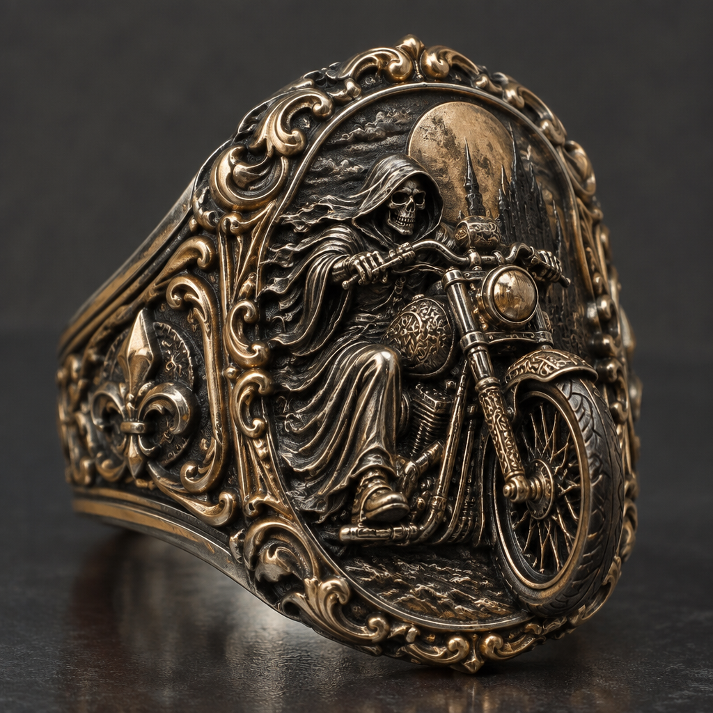 A victorian men's ring made of mixed metal suitable for formal, detailed and decorative, moderately ornate. reaper on a motorcycle
photorealistic jewelry design, A victorian men's ring made of mixed metal suitable for formal, detailed and decorative, moderately ornate. reaper on a motorcycle, victorian style, just the design no text