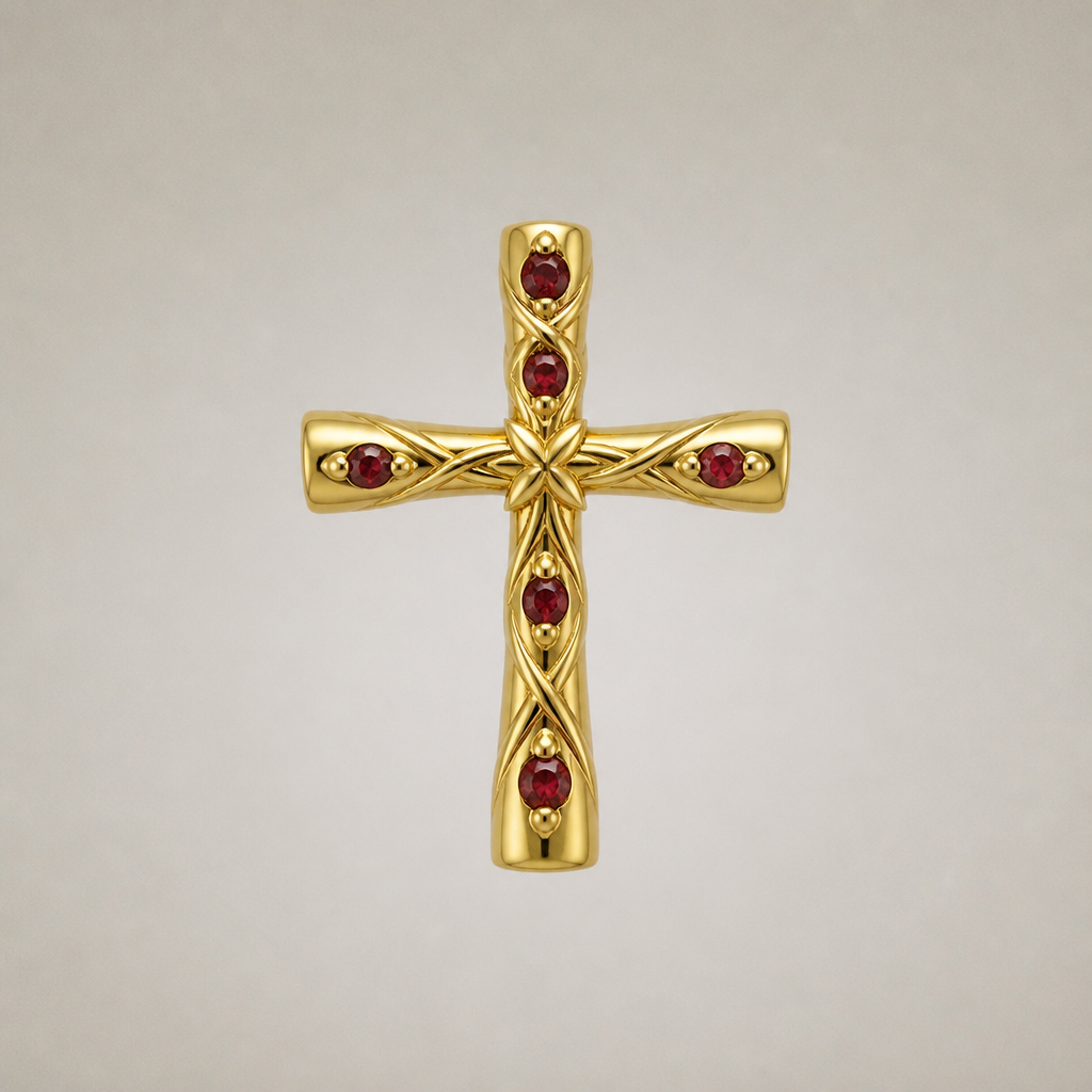 Dainty and feminine Gold cross with rubies, majority gold . Hidden bail
photorealistic jewelry design, Dainty and feminine Gold cross with rubies, majority gold . Hidden bail, contemporary style, just the design no text