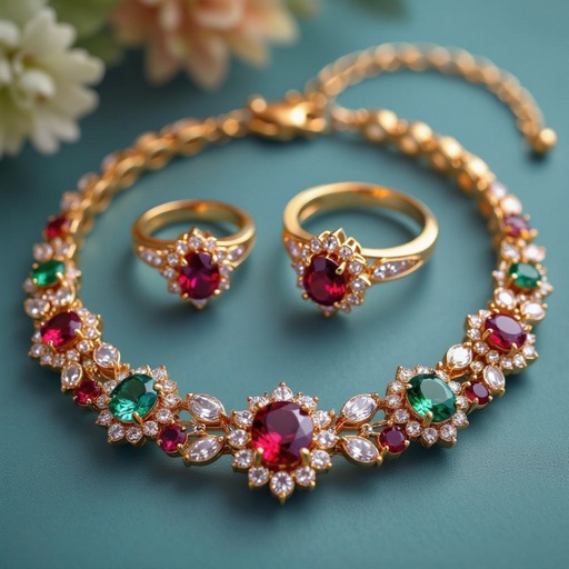 Necklace and ring and earring with luxury colorful jewel with gold