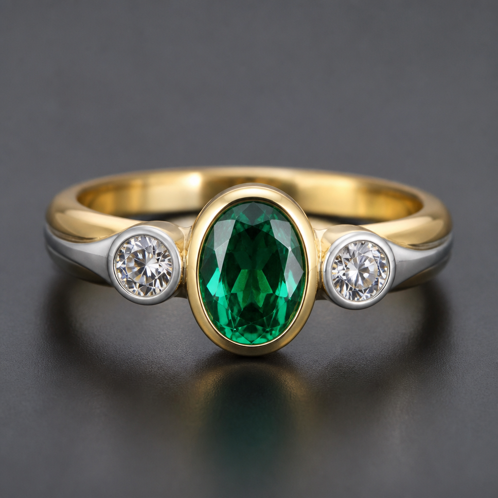 A women's ring. oval 1 carat emerald with 2 round quarter carat diamonds gold and platinum. contemporary. bezel set.
photorealistic jewelry design, A women's ring. oval 1 carat emerald with 2 round quarter carat diamonds gold and platinum. contemporary. bezel set., modern style, just the design no text