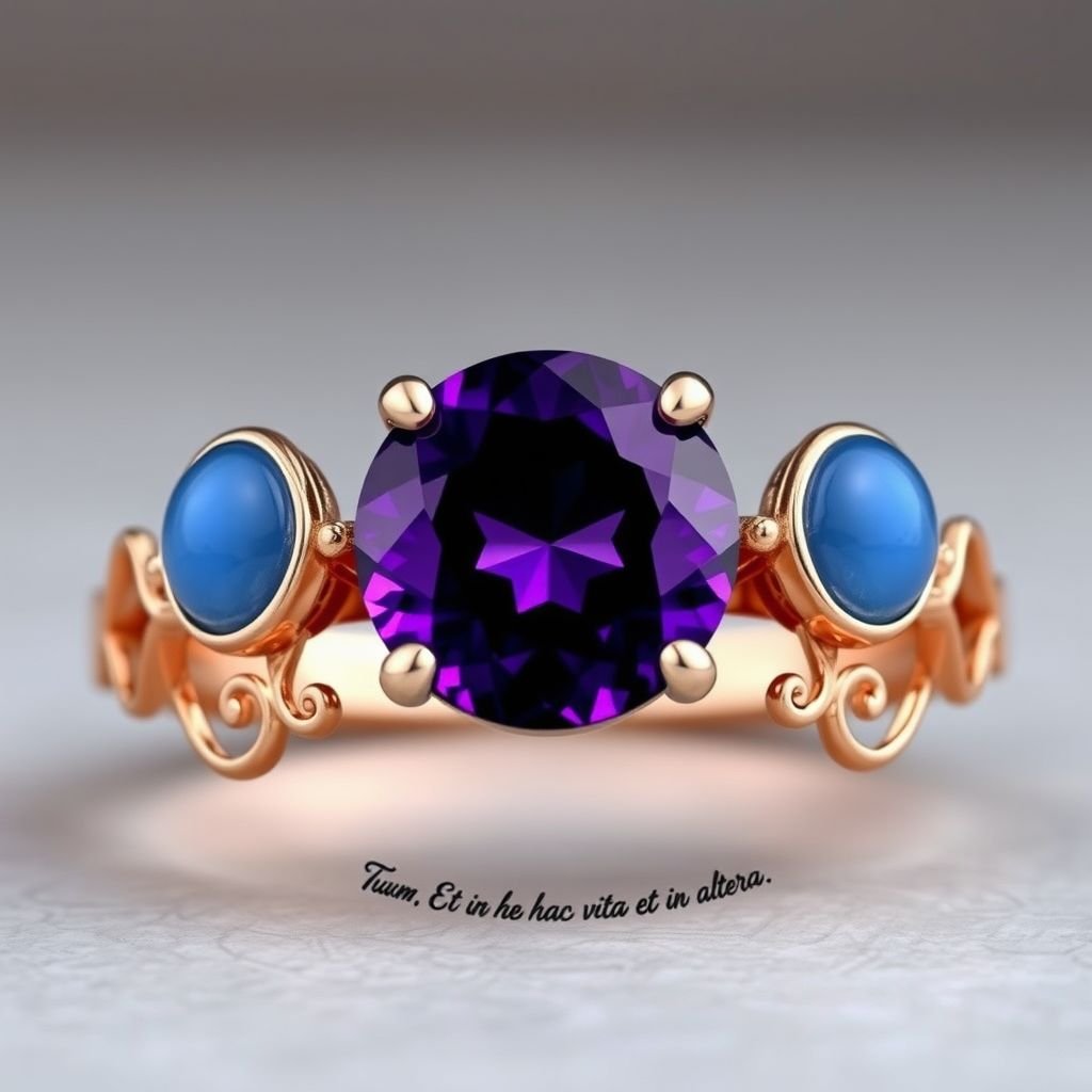 A simple, three stone 18 karat rose gold engagement ring set with a circular purple alexandrite. Also set with a small half moon cut blue chalcedony on one side right next to it, and a small half moon cut moonstone set on the other side right next to it. On the inside of the band, it has an inscription reading, “Tuum. Et in hac vita et in altera.”