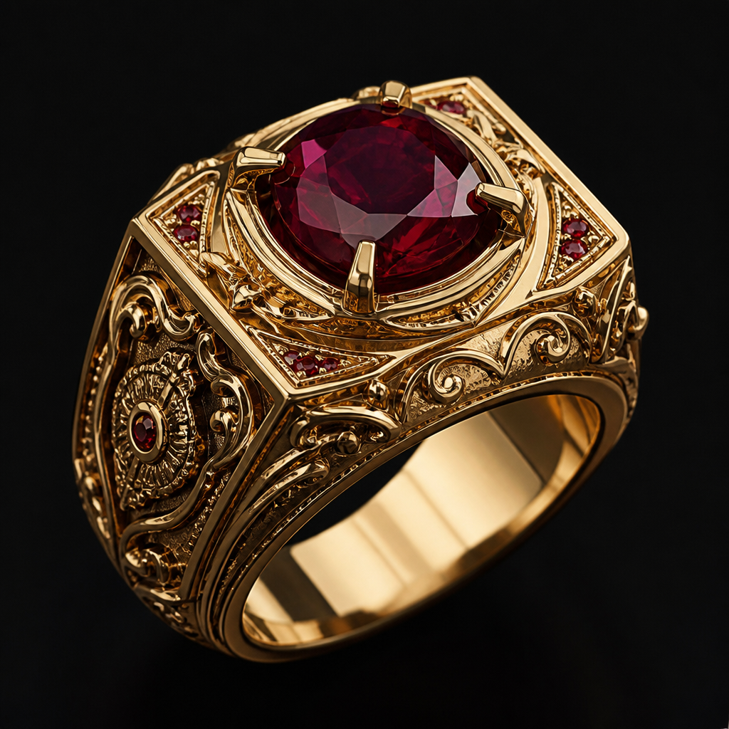 A fantasy men's ring made of gold with ruby stones suitable for daily wear, detailed and decorative, moderately ornate. богатое мужское фамильное кольцо из золота весом от 10 до 15 грамм с рубином владелец Дмитриев Сергей бизнесмен кольцо олицетворяет уверенность и богатство имеет внушительный вид подчеркивает владельца носится на безымянном пальце левой руки
photorealistic jewelry design, A fantasy men's ring made of gold with ruby stones suitable for daily wear, detailed and decorative, moderately ornate. богатое мужское фамильное кольцо из золота весом от 10 до 15 грамм с рубином владелец Дмитриев Сергей бизнесмен кольцо олицетворяет уверенность и богатство имеет внушительный вид подчеркивает владельца носится на безымянном пальце левой руки, fantasy style, just the design no text
