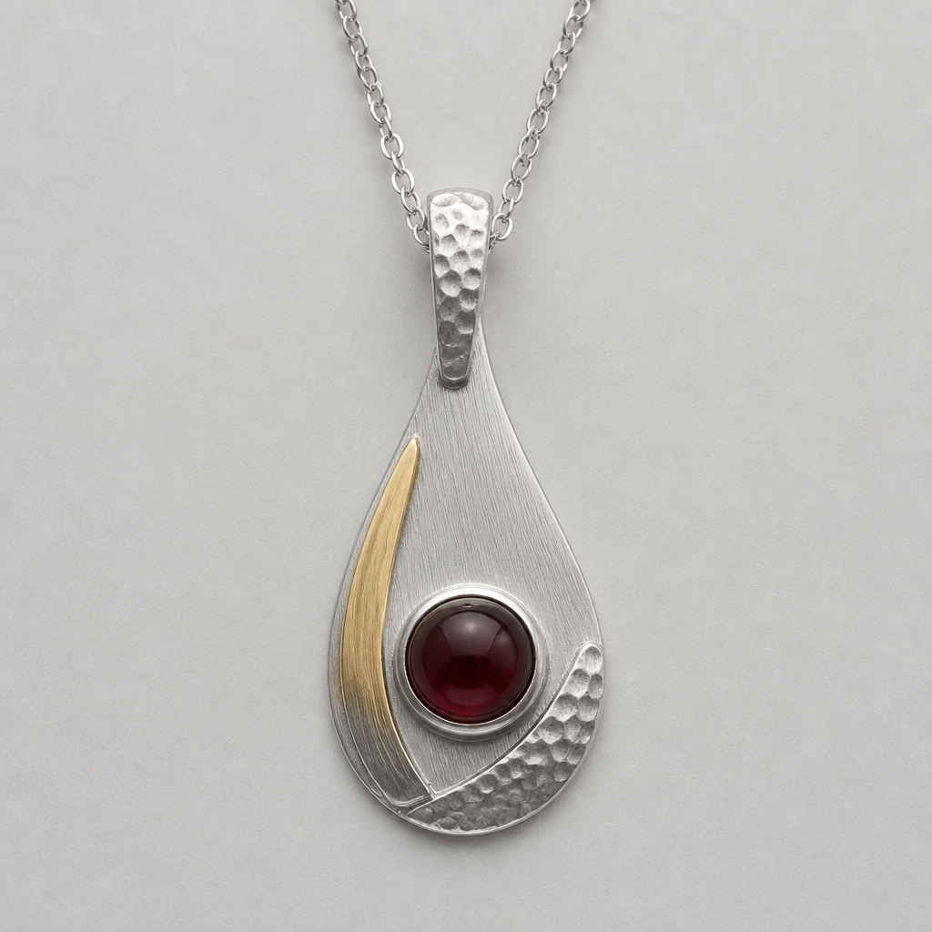 A scandinavian women's pendant made of silver with garnet stones suitable for daily wear. simplistic form minimalist brushed silver finish with and accent of gold and a small section of hammered surface
photorealistic jewelry design, A scandinavian women's pendant made of silver with garnet stones suitable for daily wear. simplistic form minimalist brushed silver finish with and accent of gold and a small section of hammered surface, scandinavian style, just the design no text