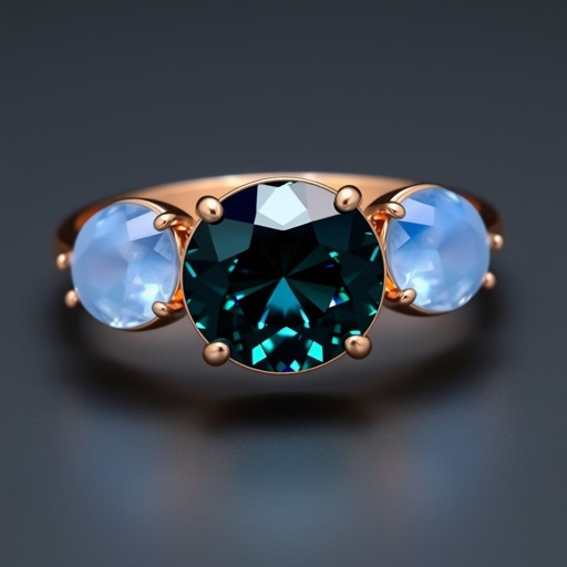 A simple, three stone 18 karat rose gold engagement ring set with a circular alexandrite. Also set with a small half moon blue chalcedony on one side right next to it, and a small half moon moonstone set on the other side right next to it. On the inside of the band, it has an inscription reading, “Tuum. Et in hac vita et in altera.”
