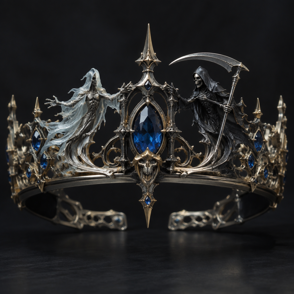 A gothic men's tiara made of mixed metal with sapphire stones suitable for formal. a ghost and a reaper
photorealistic jewelry design, A gothic men's tiara made of mixed metal with sapphire stones suitable for formal. a ghost and a reaper, gothic style, just the design no text