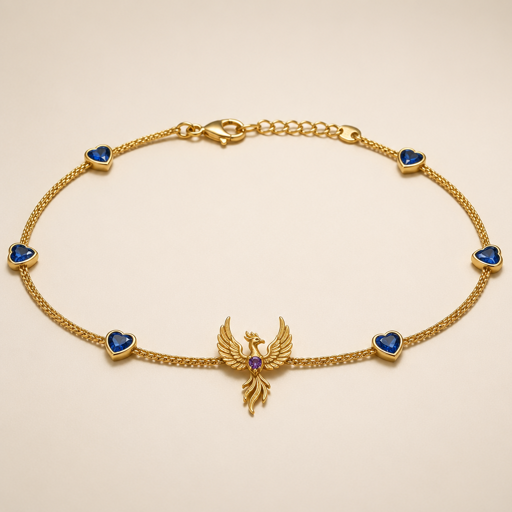 A minimalist women's bracelet made of gold with amethyst and sapphire stones suitable for daily wear. uma bracelet com fio dourado, ouro, robusta, com 7 corações espcaçados entre si 0,05mm com pedra azul sapphire. no centro uma fenix segurando um pedra pequena, amethyst. Uma bracelet simples, elegante, sofesticada e discreta para usar no dia a dia com um toque de charme e poder.
photorealistic jewelry design, A minimalist women's bracelet made of gold with amethyst and sapphire stones suitable for daily wear. uma bracelet com fio dourado, ouro, robusta, com 7 corações espcaçados entre si 0,05mm com pedra azul sapphire. no centro uma fenix segurando um pedra pequena, amethyst. Uma bracelet simples, elegante, sofesticada e discreta para usar no dia a dia com um toque de charme e poder., minimalist style, just the design no text
