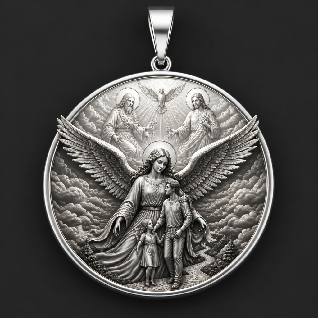 A modern women's pendant made of silver suitable for festival. An extraordinary excellent beautiful delicate and elegant pendant with the Guardian Angel with a beautiful delicate and elegant face, with long hair, with big wings flying, with a beautiful delicate elegant and with beautiful curves at her body, with a beautiful delicate and elegant tunic holding a child and an adult with its hands protecting them and guiding them on the way of the Holy Trinity. Sawing the way of the Holy Trinity in front of them God the Father, God the Son and God the Holy Spirit.