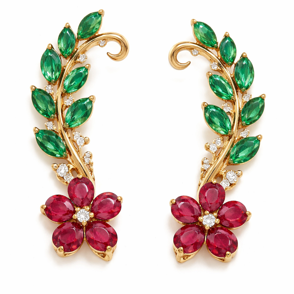 Earrings gold with emerald leaves climbing on the side and ruby flowers
