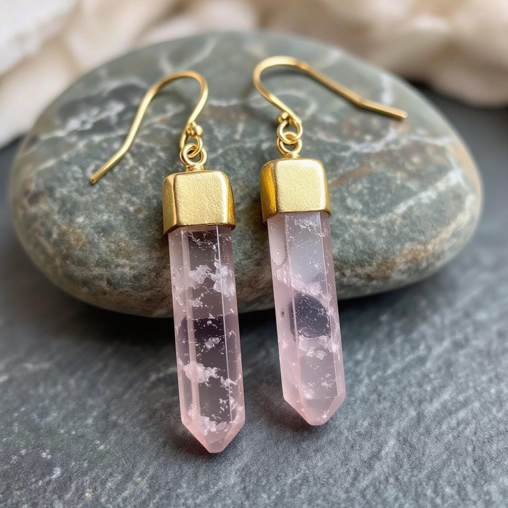 Серьги матовое золото с эффектом неровности Необработанный бледно розовый кварц в виде длинного кристалла