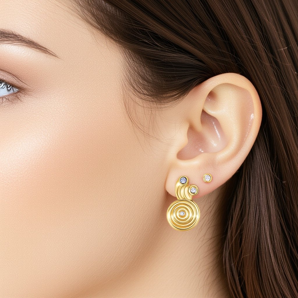 Золотые серьги в виде золотой спиральной ракушки украшенной тремя маленькими камнями 