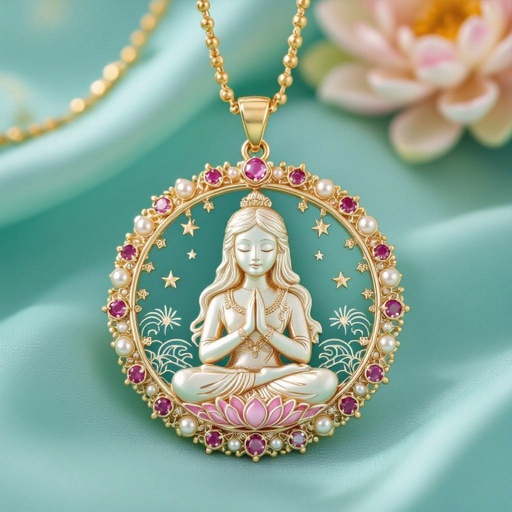 Кулон на длинной цепочке. Матовое светлое золото. В цепочке небольшие золотые шарики и розовые камушки и жемчуга. Кулон в форме неровного мятого круга. На круге изображена девушка с длинными волосами лица не видно в молитве и позе лотоса нечетко. Круг украшен лотосами звездами волнами узорами