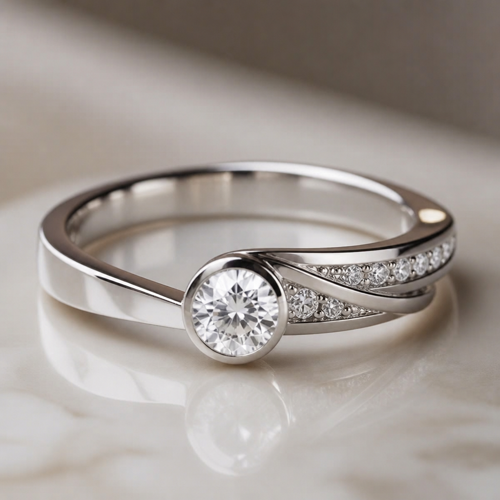 A modern women's ring made of silver with diamond stones suitable for wedding
photorealistic jewelry design, A modern women's ring made of silver with diamond stones suitable for wedding, modern style, just the design no text