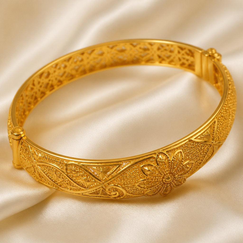A bangle women's ring made of gold, detailed and decorative, moderately ornate. indian model bangle weight 10 gm
photorealistic jewelry design, A bangle women's ring made of gold, detailed and decorative, moderately ornate. indian model bangle weight 10 gm, bangle style, just the design no text