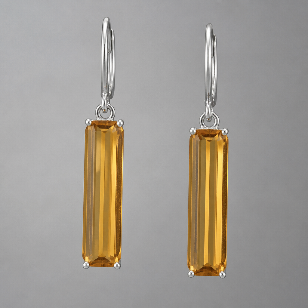 A women's earrings made of silver. boucle d'oreille longue avec citrines taille émeraude allongé simplement sertie avec griffes
photorealistic jewelry design, A women's earrings made of silver. boucle d'oreille longue avec citrines taille émeraude allongé simplement sertie avec griffes, modern style, just the design no text