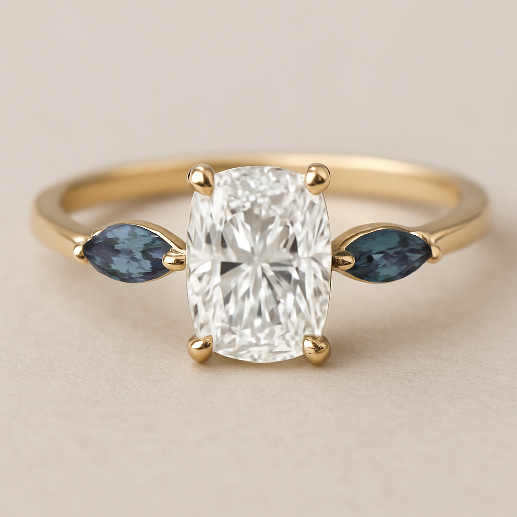 2 carat elongated cushion cut diamond engagement ring with double claw prongs in yellow gold ring with marquise shaped alexandrite side stones