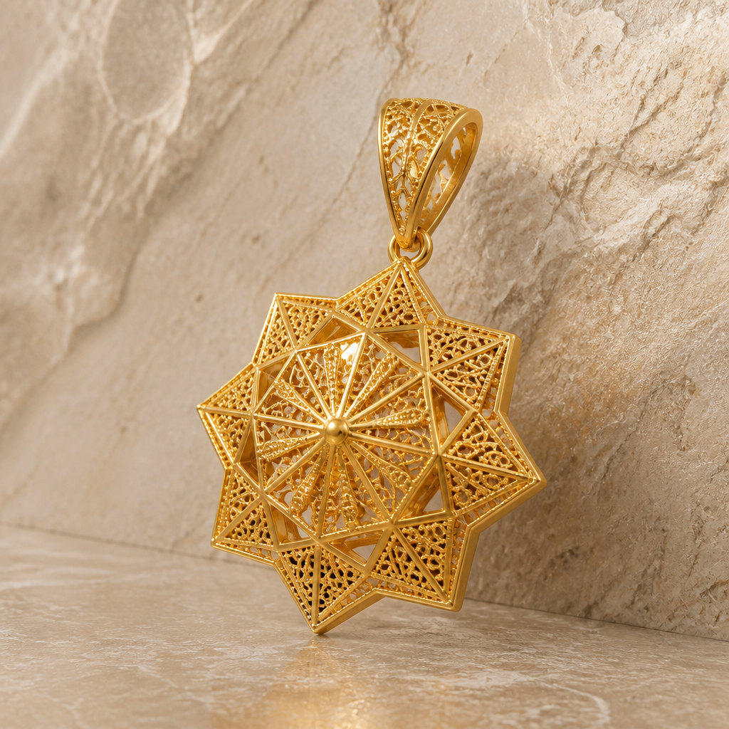 Prompt: A modern Arabic Sayaqah style pendant made of pure 21k yellow gold. The pendant is shaped as a complex geometric star with sharp lines and micro-filigree details. Premium jewelry catalog photography, floating in front of a clean beige stone texture, side-angle lighting highlighting the gold engravings, photorealistic, 8k. --ar 16:9
photorealistic jewelry design, Prompt: A modern Arabic Sayaqah style pendant made of pure 21k yellow gold. The pendant is shaped as a complex geometric star with sharp lines and micro-filigree details. Premium jewelry catalog photography, floating in front of a clean beige stone texture, side-angle lighting highlighting the gold engravings, photorealistic, 8k. --ar 16:9, just the design no text
