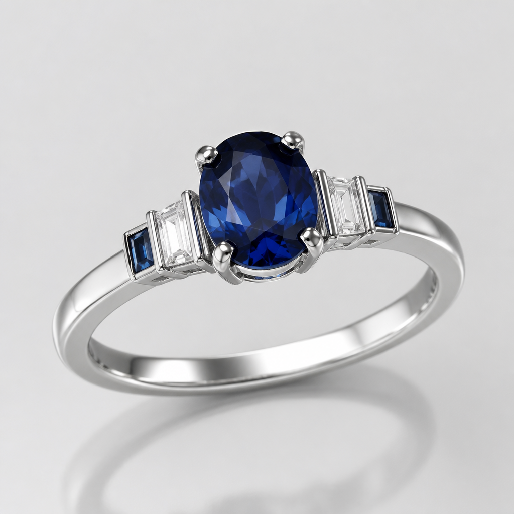 A modern women's ring made of white gold with sapphire stones suitable for engagement
photorealistic jewelry design, A modern women's ring made of white gold with sapphire stones suitable for engagement, modern style, just the design no text