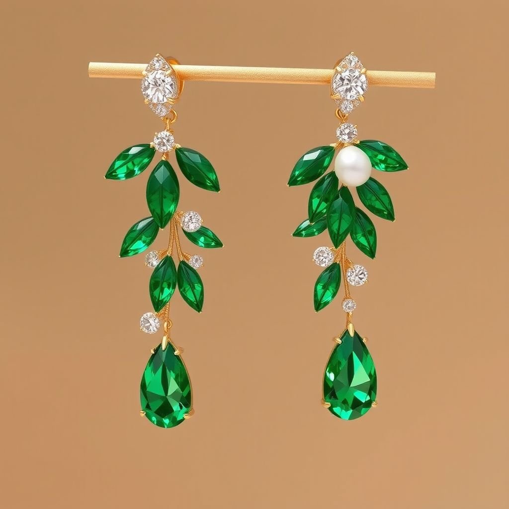 A hyper-realistic, ultra-luxury earring design shaped like a palm tree, reflecting Bahraini cultural heritage. The top features lush, sculpted emerald leaves with hand-carved edges, arranged like a modern palm canopy, set in intricate 21k incite gold. Small natural Bahraini pearls are delicately embedded along the edges of the leaves, adding traditional elegance. The trunk of the palm is slender, composed of a vertical row of bezel-set diamonds with fine gold detailing. From the base, a single teardrop-cut gemstone (either a clear white topaz, diamond, or green sapphire) dangles freely, catching the light with brilliance. The overall shape is elegant yet bold, with a modern fashion-forward silhouette inspired by European jewelry academies. The style is haute couture, minimal yet rich in detail, worthy of an international award for the most creative jewelry piece in the GCC and worldwide. Styled on a neutral background, 8K quality, realistic lighting, museum display setting, no text, isolated object. 
