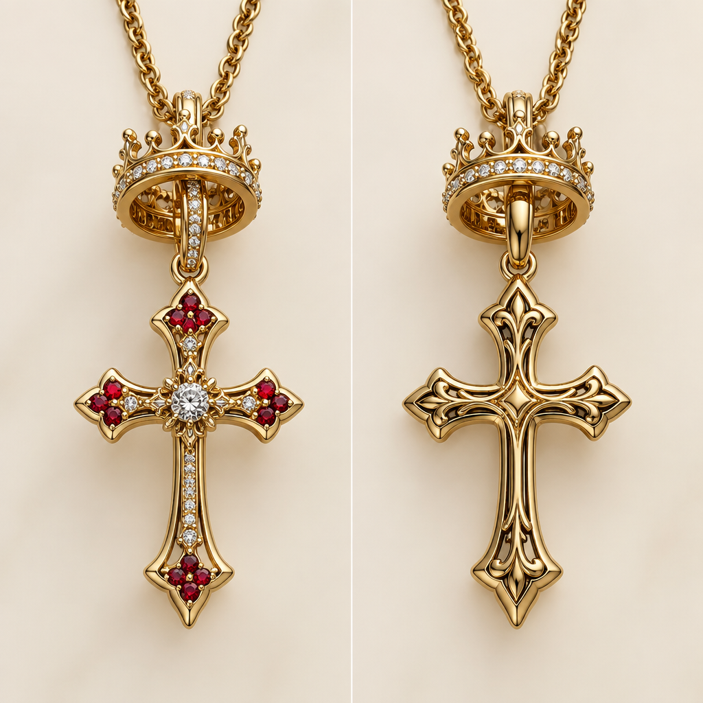 A women's ring. a gold cross necklace with a diamond in the middle and three little rubies in every point, and a moveable gold crown with the words he is with you and little diamonds all around and it can spin. on the other side of the cross is the Bible verse 1 Peter 5:7
photorealistic jewelry design, A women's ring. a gold cross necklace with a diamond in the middle and three little rubies in every point, and a moveable gold crown with the words he is with you and little diamonds all around and it can spin. on the other side of the cross is the Bible verse 1 Peter 5:7, modern style, just the design no text