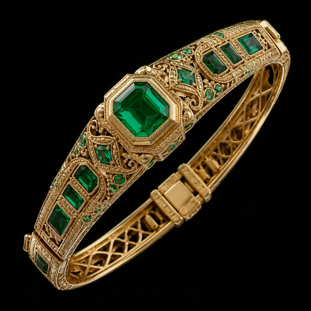 A art deco women's bracelet made of gold with emerald stones suitable for daily wear, highly ornate, intricate and elaborate, richly detailed
photorealistic jewelry design, A art deco women's bracelet made of gold with emerald stones suitable for daily wear, highly ornate, intricate and elaborate, richly detailed, art_deco style, just the design no text