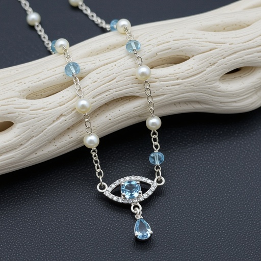 Тонкая цепочка с серебряными шариками и мелкими жемчужными камушками на цепочке есть кулон в форме глаза, зрачок глаза из аквамарина от глаза идет маленькая подвеска с маленькими камушками аквамарина 