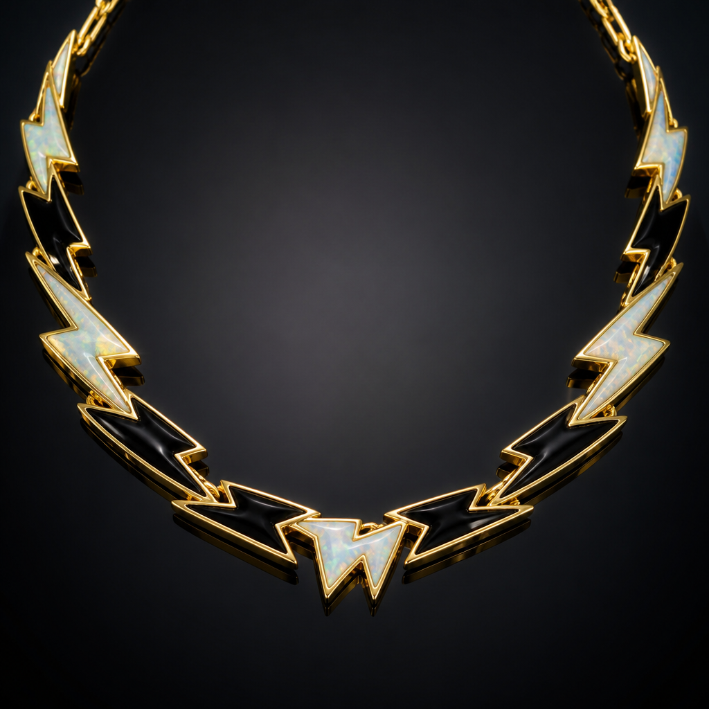 Opalite and onyx lightening bolt collar. Refinement: más brillante
photorealistic jewelry design, Opalite and onyx lightening bolt collar. Refinement: más brillante, just the design no text