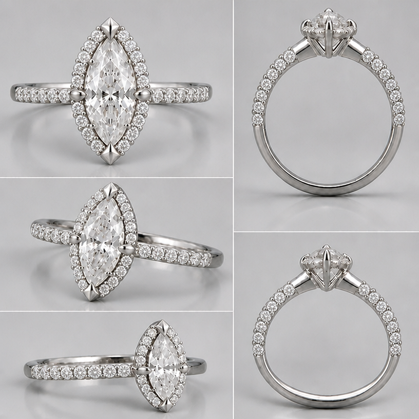 Cravar diamantes no aro, nas laterais da gema central, até que complete 1/3 do aro
edit the attached jewelry design with these instructions: Cravar diamantes no aro, nas laterais da gema central, até que complete 1/3 do aro. keep it photorealistic, just the design no text