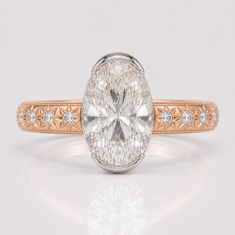 the engraved starburst round stones are random and not unified
edit the attached jewelry design with these instructions: the engraved starburst round stones are random and not unified. keep it photorealistic, just the design no text