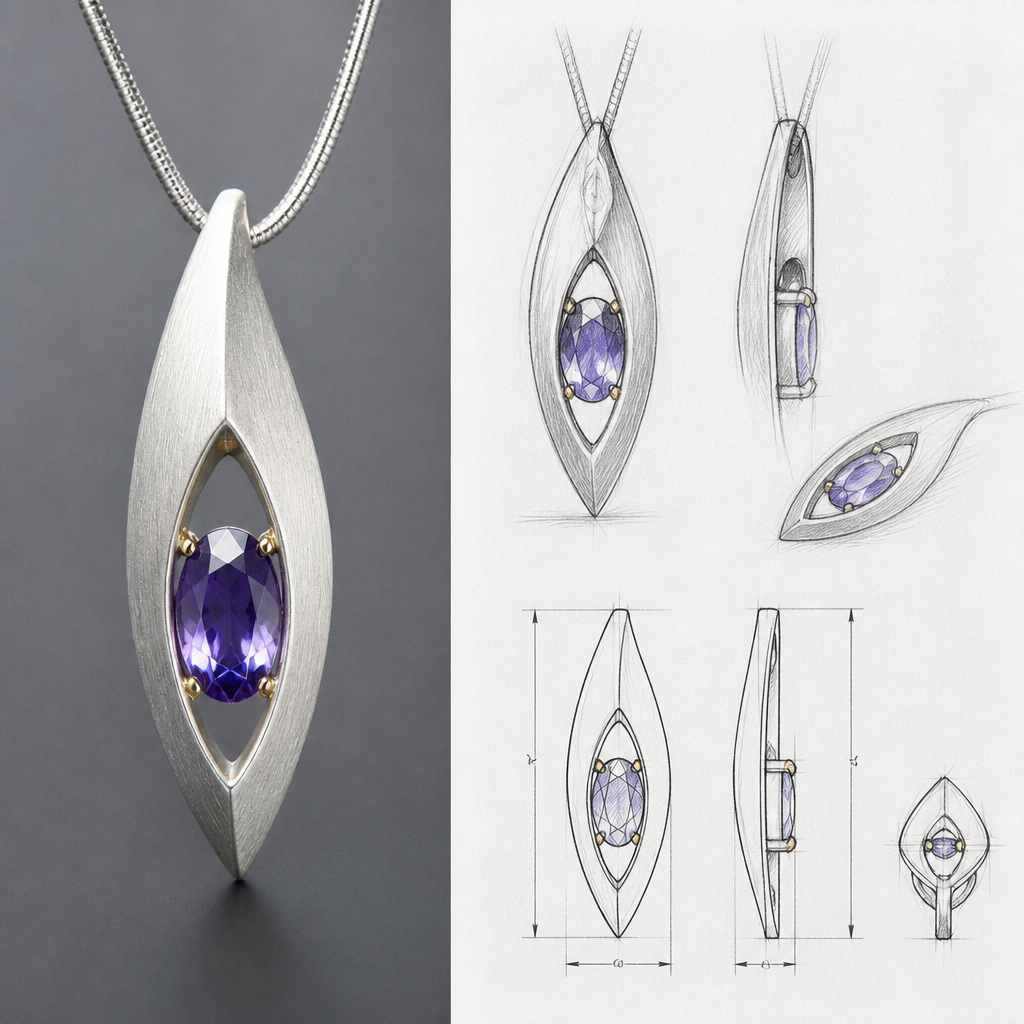 A contemporary women's pendant made of silver with sapphire stones. an elegant yet simplistic pendant with an oval purple saphire sitting in an openning of the pendant a satin finish on the silver and a very small touch of gold and/or a small contrast in the finish of the silver like a hammered or other
please add scketchs of the design and measurements
photorealistic jewelry design, A contemporary women's pendant made of silver with sapphire stones. an elegant yet simplistic pendant with an oval purple saphire sitting in an openning of the pendant a satin finish on the silver and a very small touch of gold and/or a small contrast in the finish of the silver like a hammered or other
please add scketchs of the design and measurements, contemporary style, just the design no text