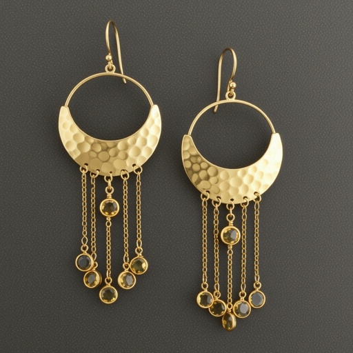 Золотые серьги словно мятое золото в форме узкого изящного полумесяца. Верхушка полумесяца крепится к застежке серьги.  От полумесяца идет три цепочки, у каждой на конце мелкий камушек цитрин