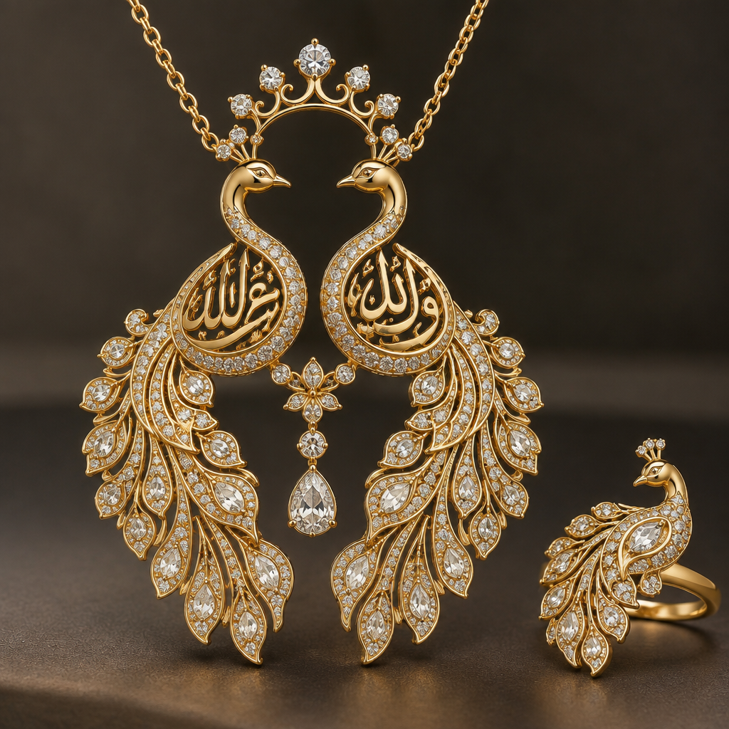 A women's ring, detailed and decorative, moderately ornate. gold pendant necklace, two ornate peacocks facing each other, necks curved upward forming a crown shape instead of heart, elaborate tail feathers spread wide and cascading down covered in small diamonds, the name 'فاطمه' elegantly integrated into the right peacock's neck and body in Persian calligraphy, the name 'نصرالله' integrated into the left peacock's neck and body, symmetrical luxury jewelry design, polished gold finish, ultra detailed
photorealistic jewelry design, A women's ring, detailed and decorative, moderately ornate. gold pendant necklace, two ornate peacocks facing each other, necks curved upward forming a crown shape instead of heart, elaborate tail feathers spread wide and cascading down covered in small diamonds, the name 'فاطمه' elegantly integrated into the right peacock's neck and body in Persian calligraphy, the name 'نصرالله' integrated into the left peacock's neck and body, symmetrical luxury jewelry design, polished gold finish, ultra detailed, modern style, just the design no text